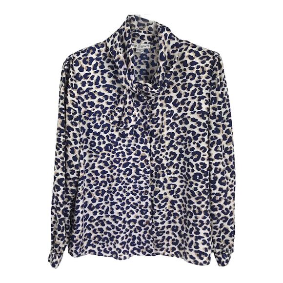 Vintage Eva Laurel Scarf Tie Neck Blouse 14 Leopard Print Long Sleeve Button Up - Picture 1 of 11